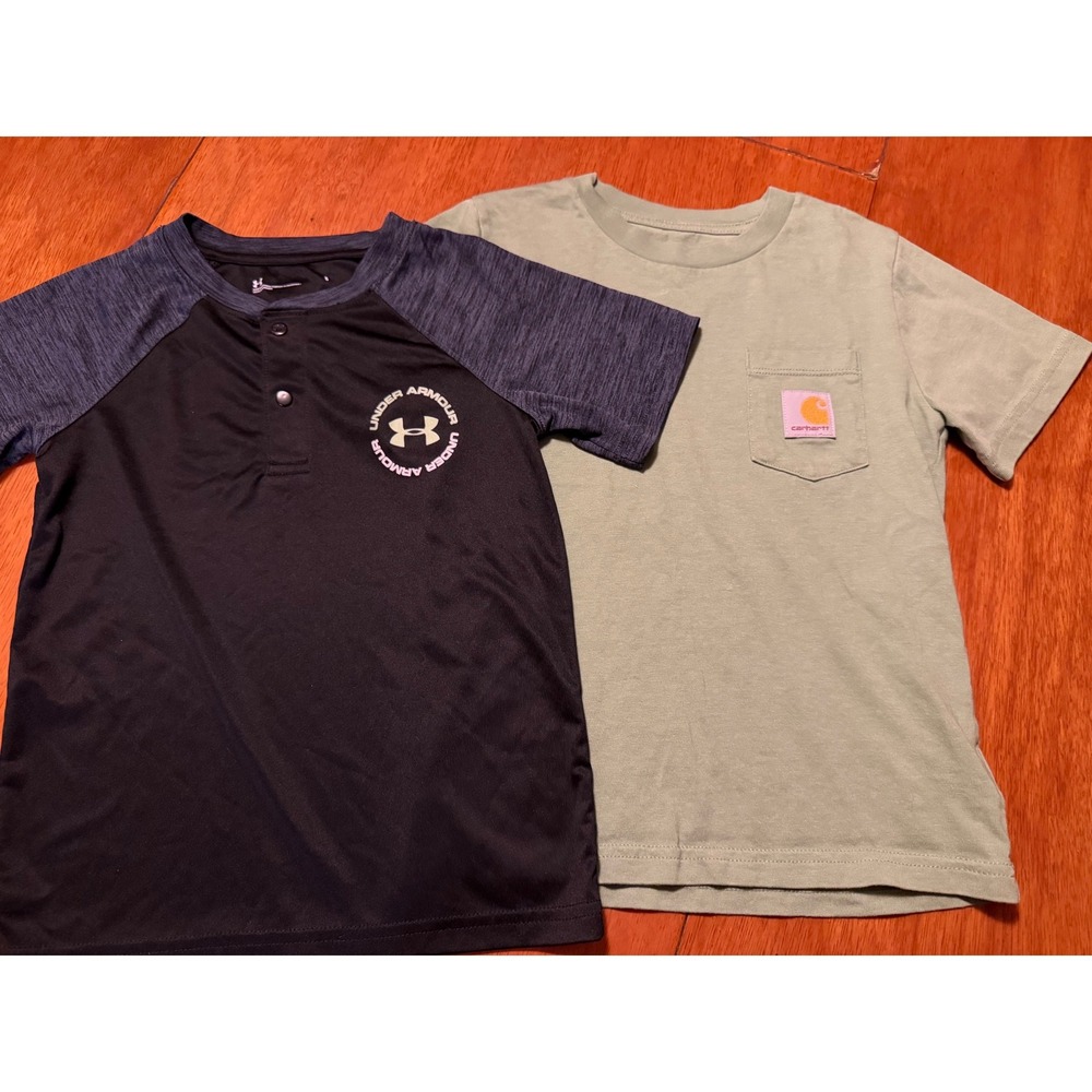 Kids Under Armour Henley and Carhartt Pocket T-Shirt Bundle Size 5 Green Black - Picture 1 of 9